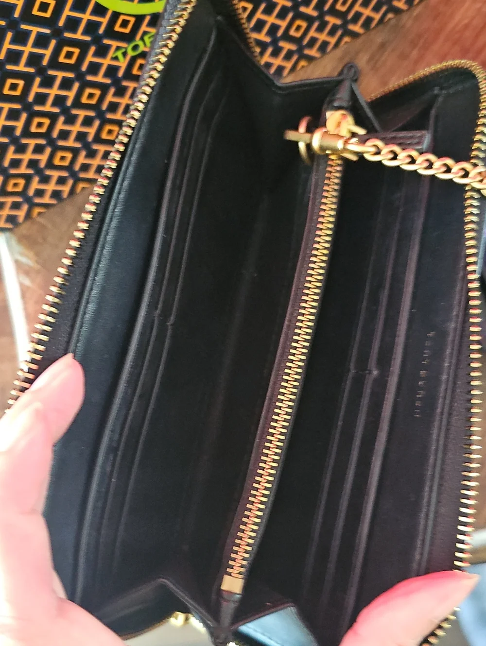 Tory Burch Black Croc-Embossed Zip Wallet with Gold Logo - Excellent Condition!